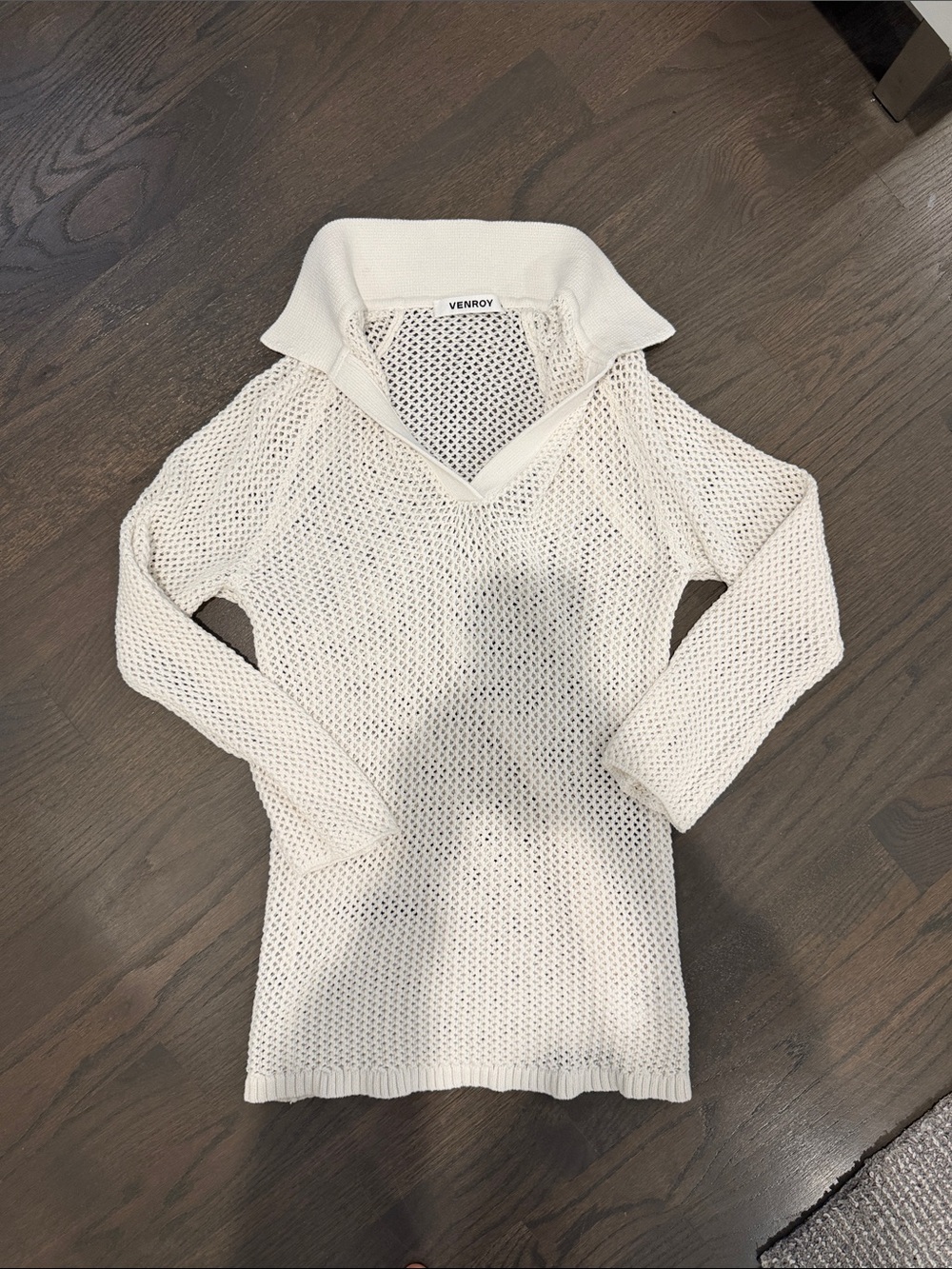 Venroy Cream Open-Knit V-Neck knit cover up